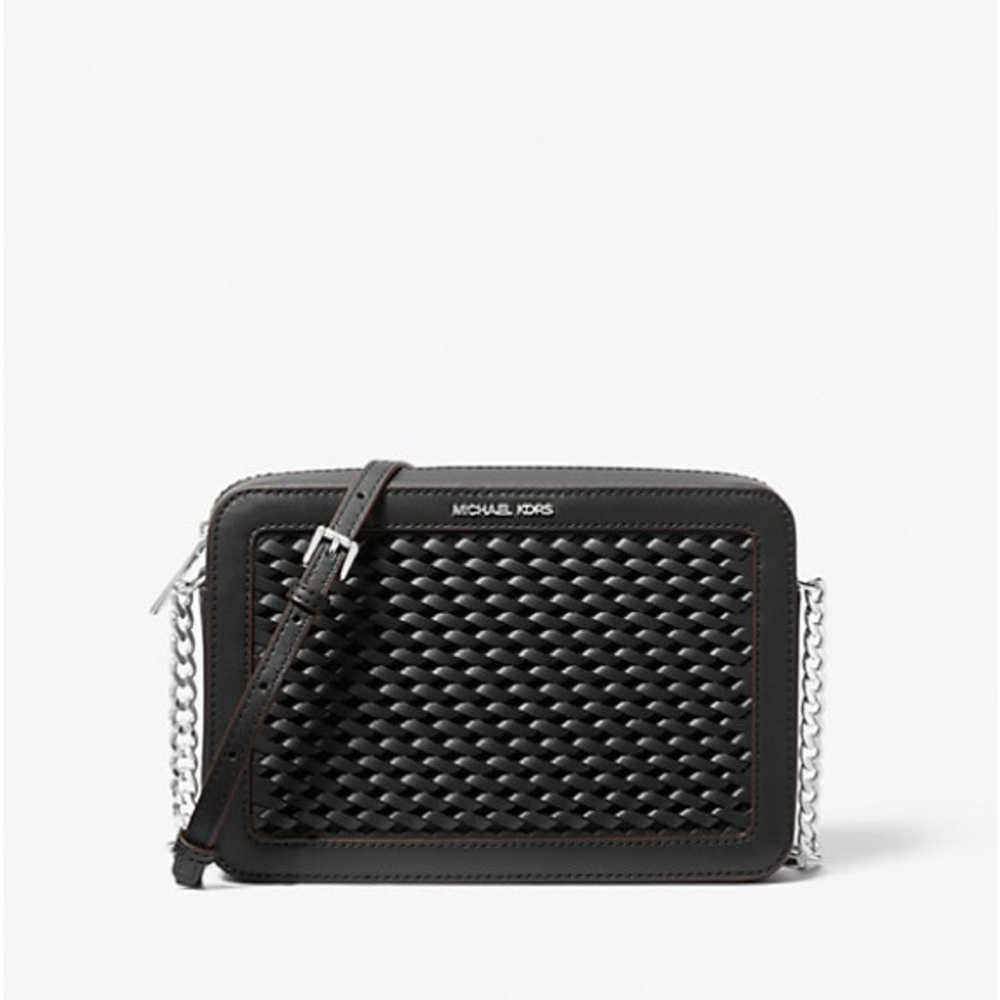 NWT Michael Kors Black Jet Set Large Woven Crossbody Bag